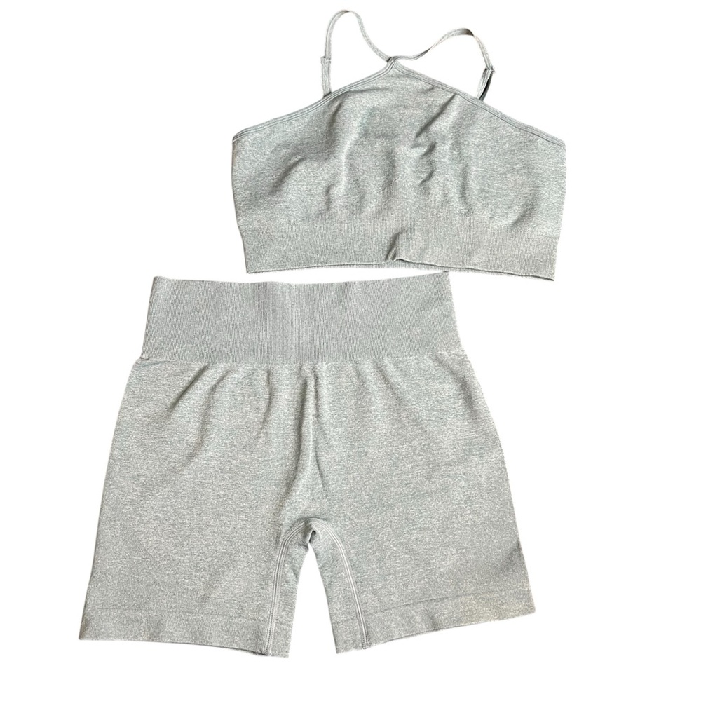 Green Athletic Sports Bra Biker Seamless Shorts Set L Athleisure High Waisted